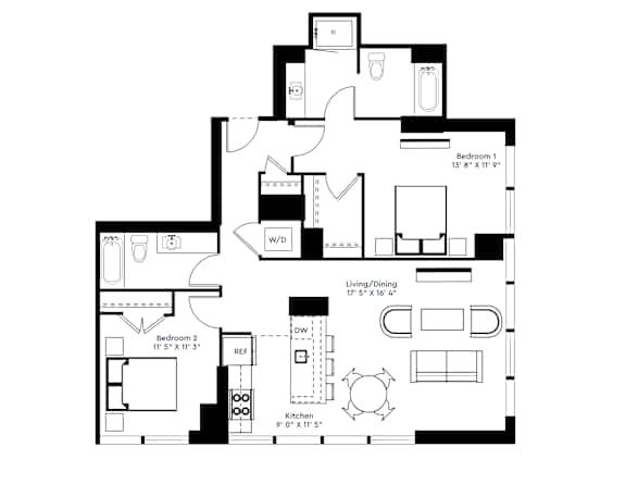 A black and white floor plan of a two-bedroom apartment.