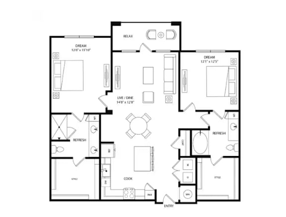 A black and white floor plan of a house with two bedrooms, a living room, a kitchen, a bathroom, and a dining area.