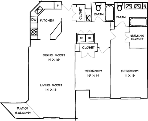 A floor plan of a house with a kitchen, living room, two bathrooms, and two bedrooms.