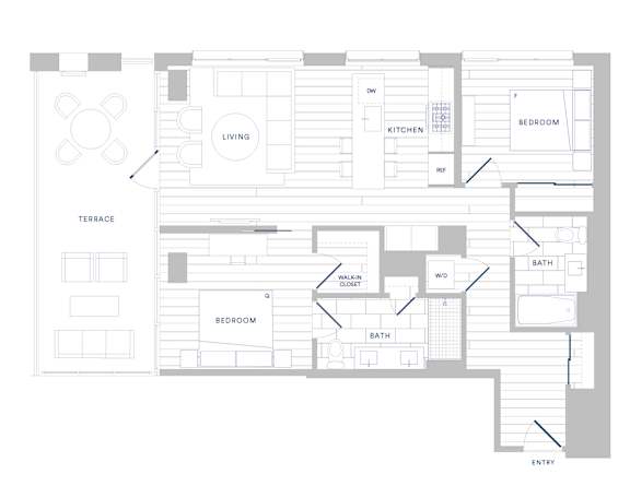 A floor plan of a house with a living room, kitchen, bedrooms and bathrooms.
