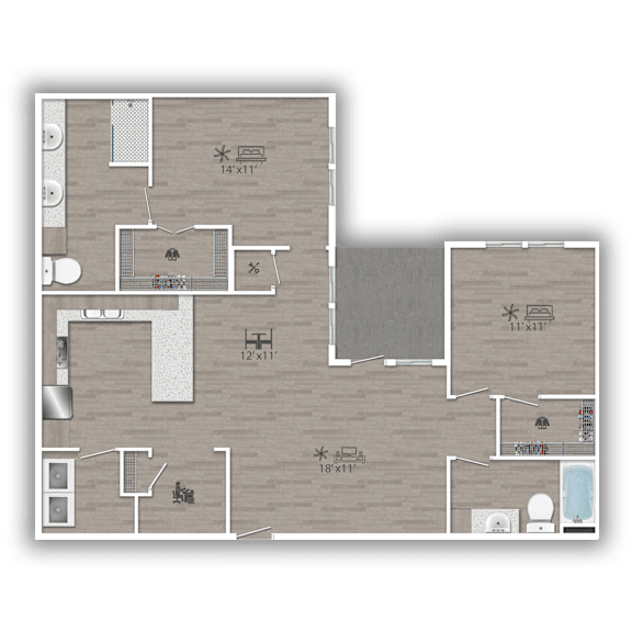 A floor plan of a house with a kitchen, living room, and bathroom.