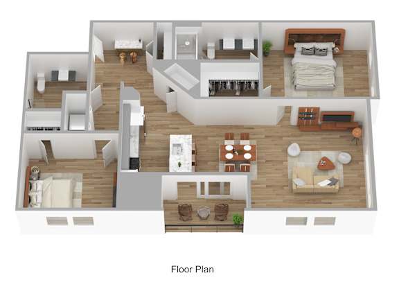 A floor plan of a house with various rooms and furniture layouts.