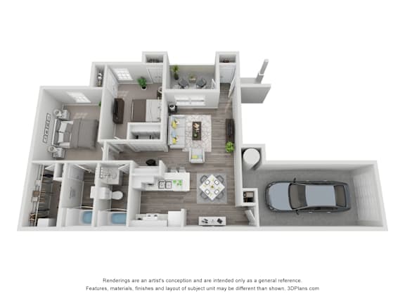 A 3D floor plan of a house with a kitchen, living room, and two bedrooms.