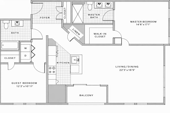 A floor plan of a home with a master bedroom, a guest bedroom, a living/dining area, and a balcony.
