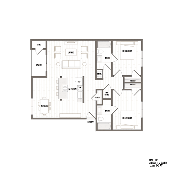 A floor plan of a two-bedroom apartment with a living room, kitchen, dining room, and bathroom.