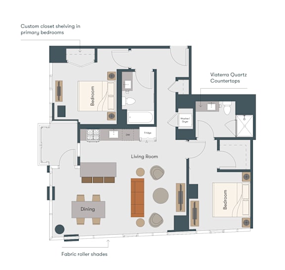 A floor plan of a Viaterra Quartz Countertops apartment layout.
