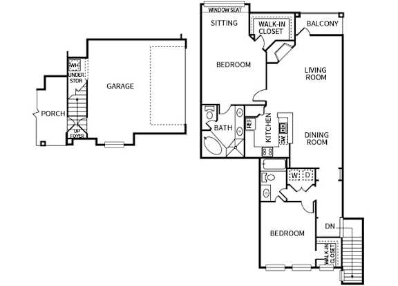 A floor plan of a house with a garage, two bedrooms, a living room, a dining room, a kitchen, a bathroom, a porch, and a balcony.