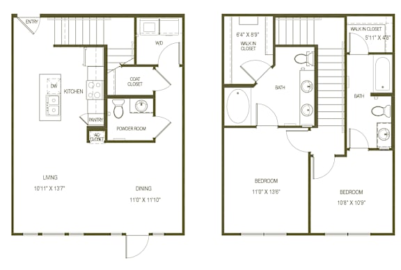 A floor plan of a two-bedroom apartment with a living room, dining room, kitchen, bathroom, and two bedrooms.