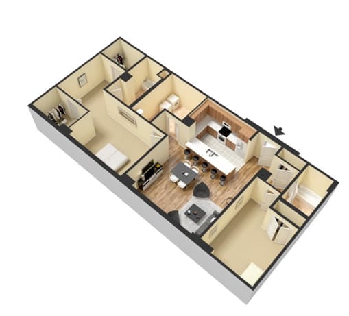 A 3D floor plan of a house with a kitchen, living room, and two bedrooms.