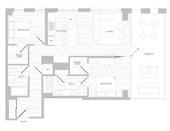 A floor plan of a house with a bedroom, bathroom, kitchen, living room, and terrace.