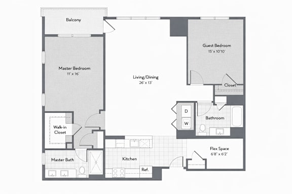 A floor plan of a house with a master bedroom, a guest bedroom, a living/dining area, a kitchen, a bathroom, a master bath, a walk-in closet, and a balcony.