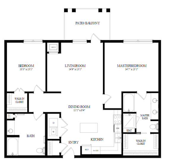 A black and white floor plan of a house with a master bedroom, living room, dining room, kitchen, and bath.