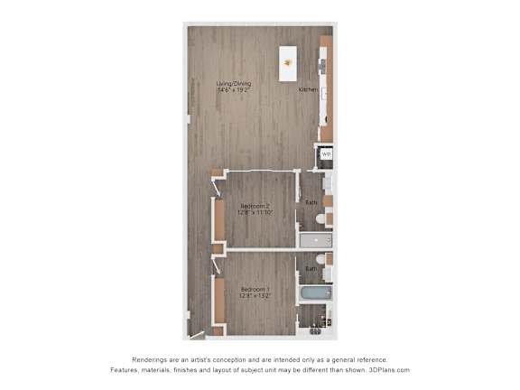A floor plan of a small apartment with a living room, dining room, kitchen, and two bathrooms.