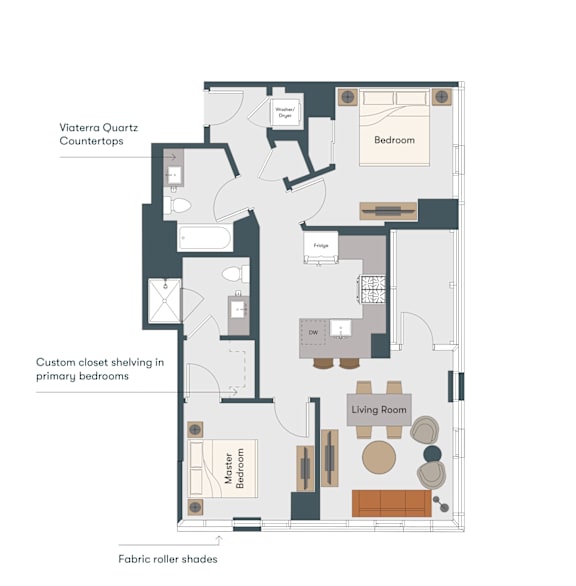 A floor plan of an apartment with a living room, two bedrooms, a kitchen, and a bathroom.