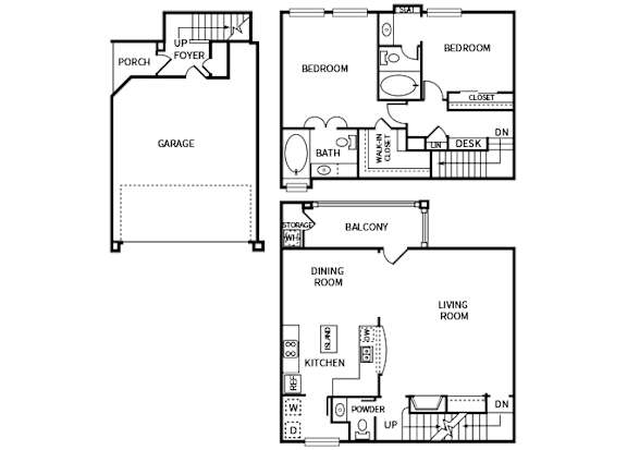 A set of three floor plans for a house with a garage, bedroom, and living room.