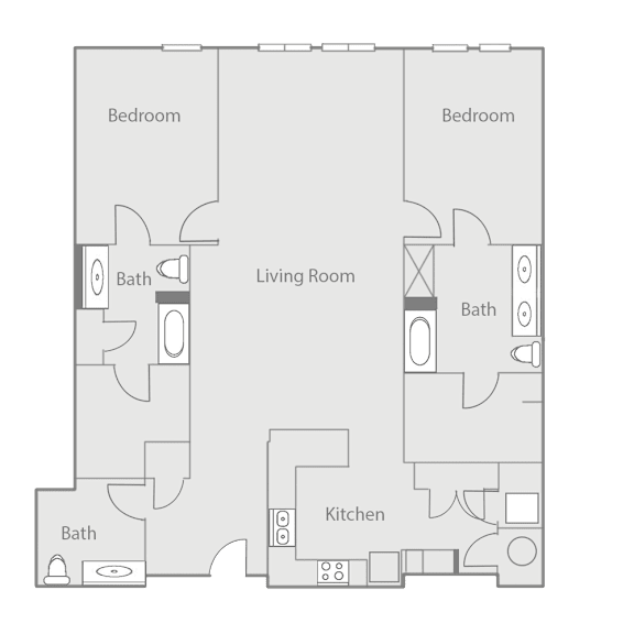 A floor plan of a house with two bedrooms, a living room, a kitchen, and two bathrooms.