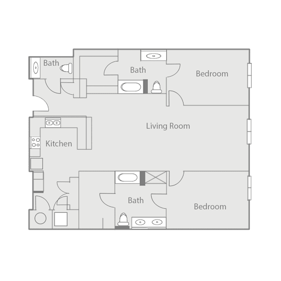 A floor plan of a house with two bathrooms, two bedrooms, a living room, and a kitchen.