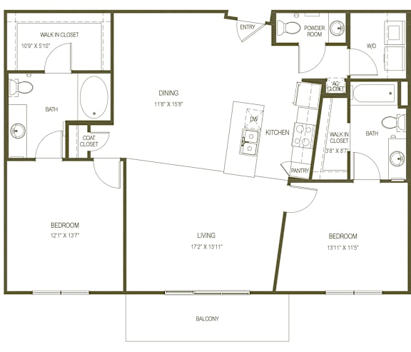 A floor plan of a house with a balcony and a powder room.