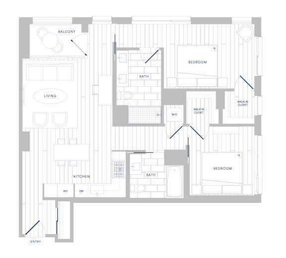 A floor plan of an apartment with a living room, kitchen, two bedrooms, and a bathroom.