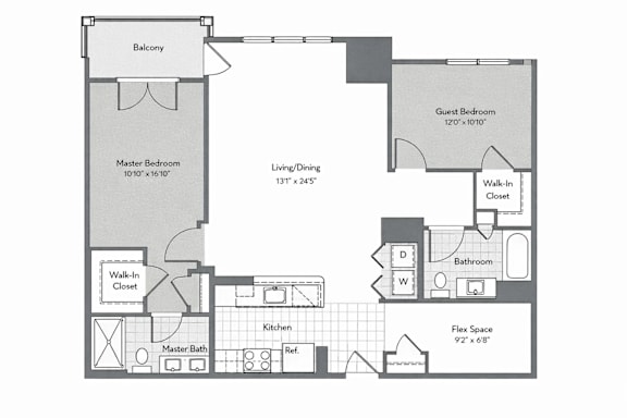 A floor plan of a hotel room with a master bedroom, a guest bedroom, a living/dining area, a kitchen, and a flex space.