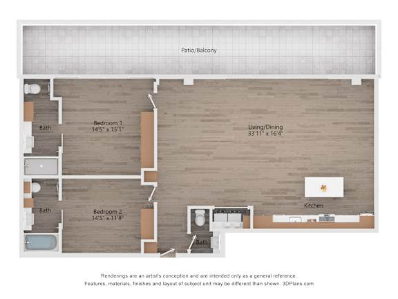 A floor plan of a house with two bedrooms, a living/dining area, a kitchen, and a bathroom.