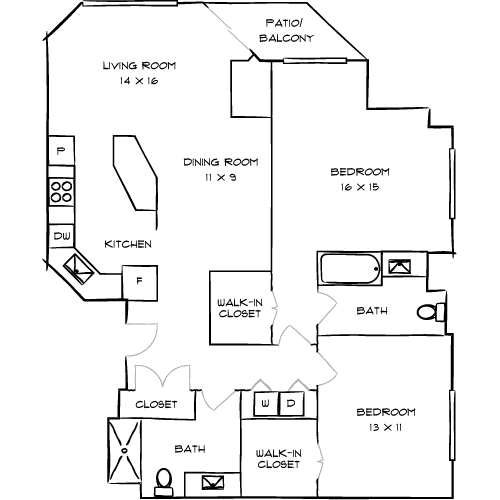 A floor plan of a house with a living room, dining room, kitchen, and three bedrooms.