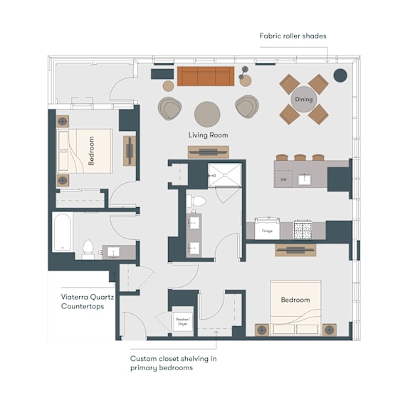 A floor plan of a house with a living room, dining room, and two bedrooms.