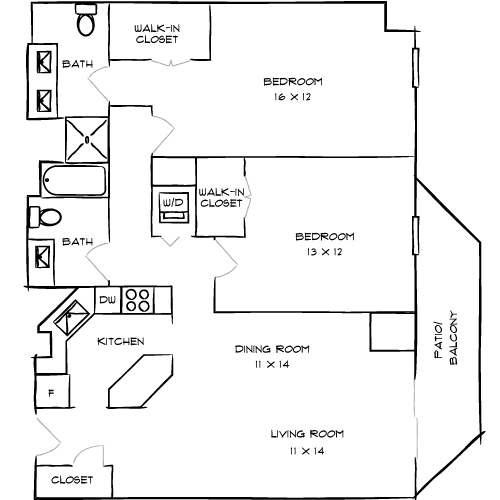 A floor plan of a house with a living room, dining room, kitchen, and two bedrooms.