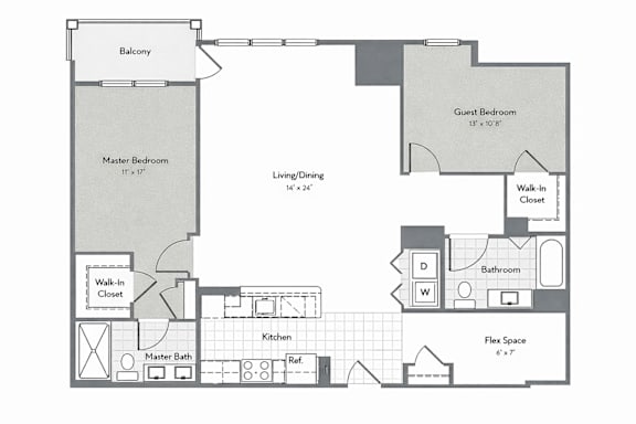 A floor plan of a house with a balcony, two bedrooms, a bathroom, a kitchen, and a flex space.