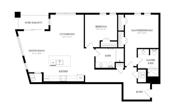 A black and white floor plan of an apartment with a living room, dining room, kitchen, and three bedrooms.