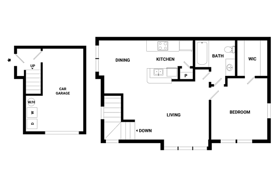 A floor plan of a house with a living room, dining room, kitchen, bathroom, and bedroom.