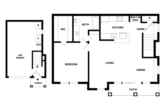 A floor plan of a house with a garage, living room, dining room, kitchen, and bathroom.