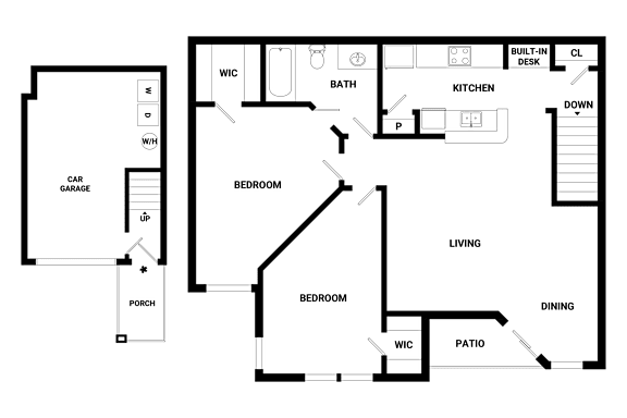 A floor plan of a house with a living room, kitchen, dining room, and two bedrooms.