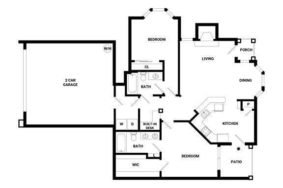 A floor plan of a house with a garage, two bedrooms, a living room, a dining room, a kitchen, a bathroom, a porch, and a patio.