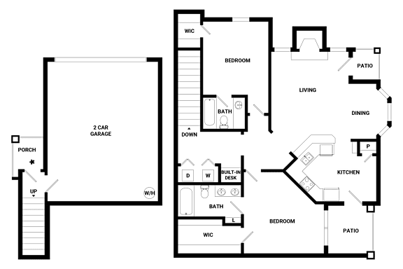A floor plan of a house with a porch, two bedrooms, a living room, a dining room, a kitchen, a bathroom, and a workshop.