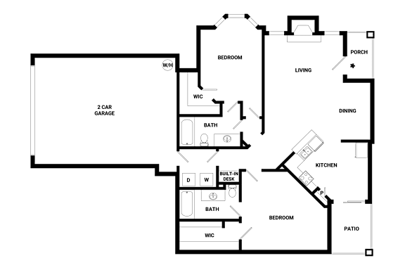 A floor plan of a house with a garage, two bedrooms, a living room, a dining room, a kitchen, a bathroom, and a patio.