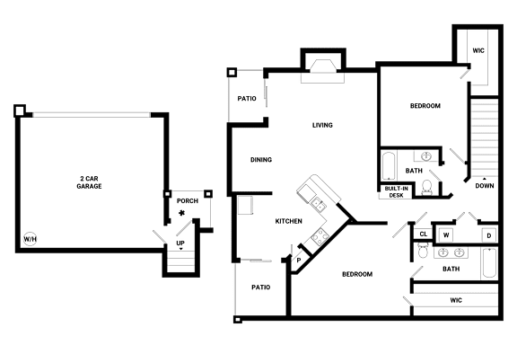A floor plan of a house with a garage, kitchen, living room, and two bedrooms.