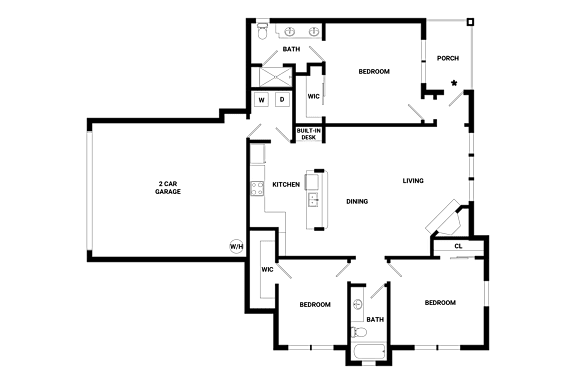 A floor plan of a house with labeled rooms such as Bathroom, Bedroom, Kitchen, Living room, and Porch.