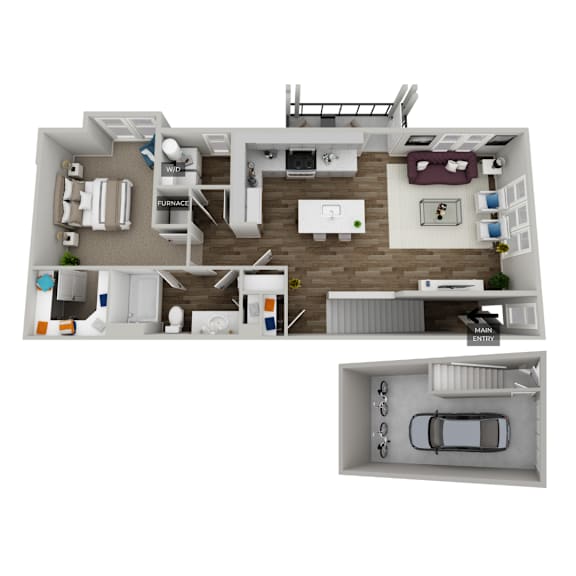 A 3D rendered image of a house layout.