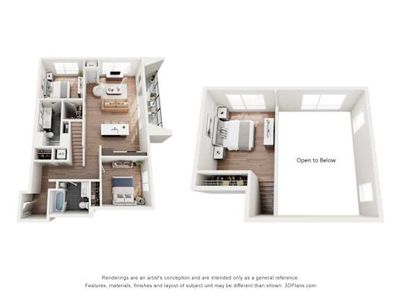 A diagram showing two different layouts of a house with the words "Open to Below" on the right side.