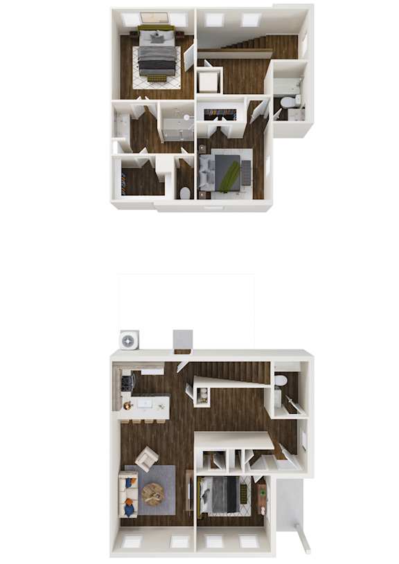 A floor plan of a two-story apartment with a living room, kitchen, and bedrooms.