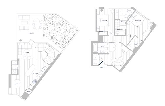 A floor plan of a house with two bedrooms and a garage.