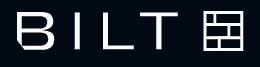 The image shows a black background with the word "BILT" in white letters, followed by a white square with a smaller black square inside it.