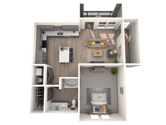 A 3D floor plan of a small apartment with a kitchen, living room, and bathroom.