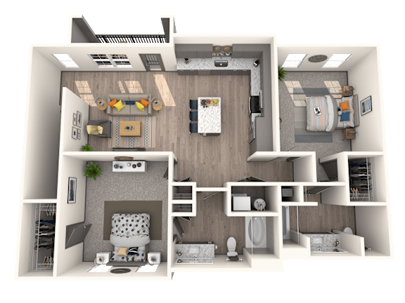 A 3D floor plan of a small apartment with a kitchen, living room, and bathroom.