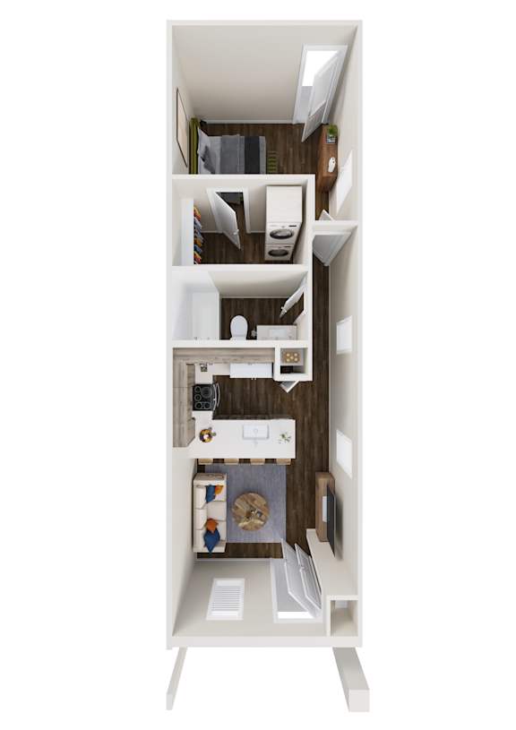 A 3D rendered image of a small apartment with a kitchen, living room, and bathroom.