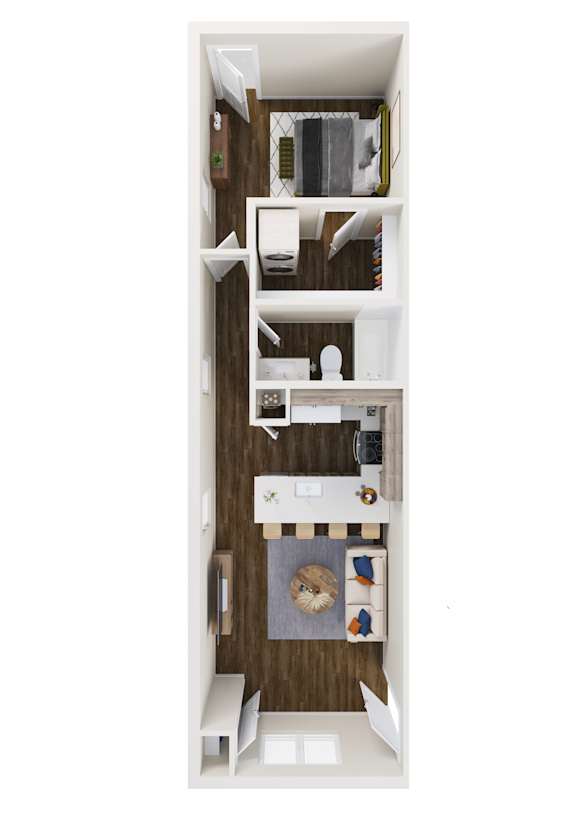 A top-down view of a small, neatly organized apartment with a kitchen, living room, and bathroom.
