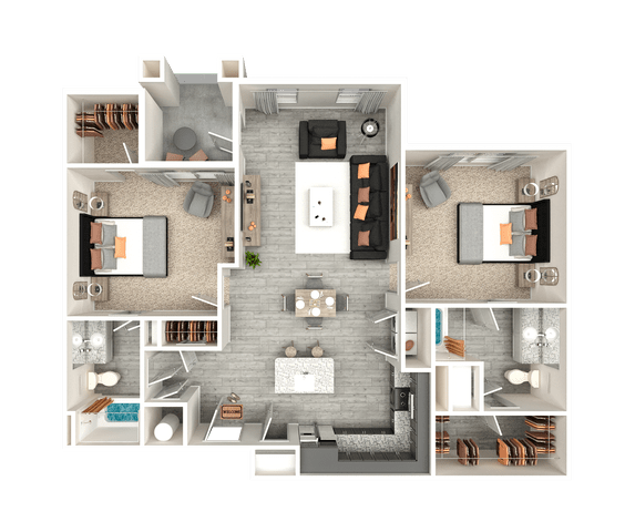 A 3D floor plan of a house with multiple rooms and furniture.