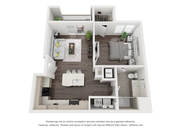 A 3D floor plan of a small apartment with a kitchen, living room, and two bedrooms.