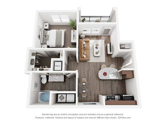 A 3D floor plan of a small apartment with a kitchen, living room, and bathroom.